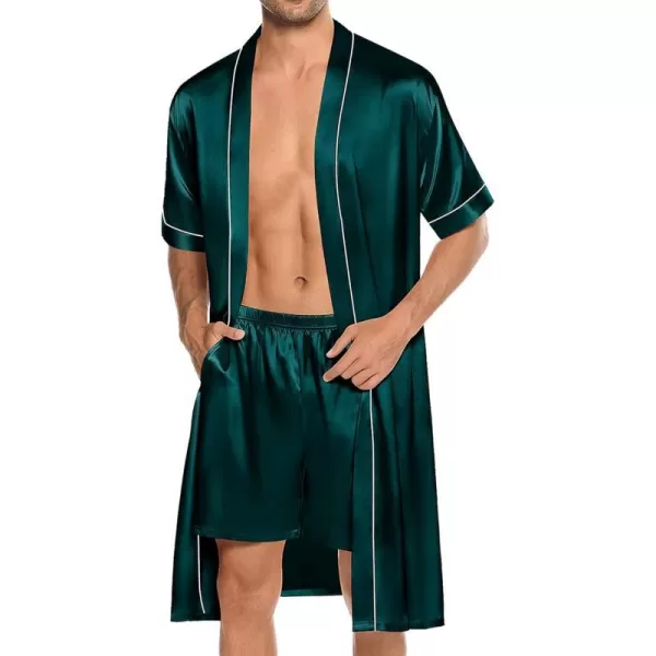 SWOMOG Mens Silk Satin Robe with Shorts Set 2PCS Short Sleeve Kimono Bathrobe Soft Sleepwear Pjs Sets with PocketsDeep Green