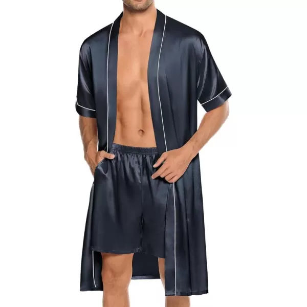 SWOMOG Mens Silk Satin Robe with Shorts Set 2PCS Short Sleeve Kimono Bathrobe Soft Sleepwear Pjs Sets with PocketsDeep Grey