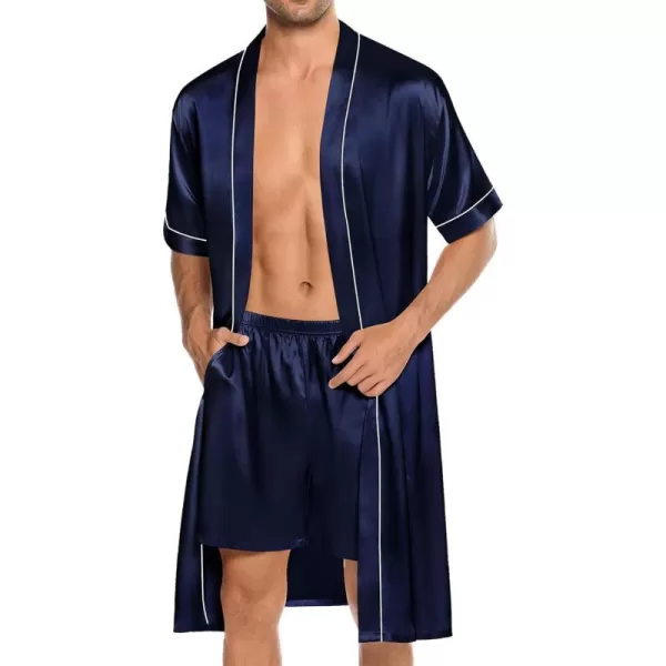 SWOMOG Mens Silk Satin Robe with Shorts Set 2PCS Short Sleeve Kimono Bathrobe Soft Sleepwear Pjs Sets with PocketsDeep Navy Blue