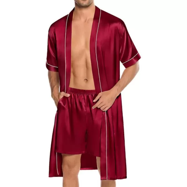 SWOMOG Mens Silk Satin Robe with Shorts Set 2PCS Short Sleeve Kimono Bathrobe Soft Sleepwear Pjs Sets with PocketsDeep Wine Red