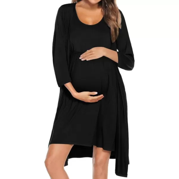 SWOMOG Nursing Robes Maternity Dress 2 Piece Nightgown for Breastfeeding 3in1 Hospital Labor Delivery Bathrobe Nursing DressBlack