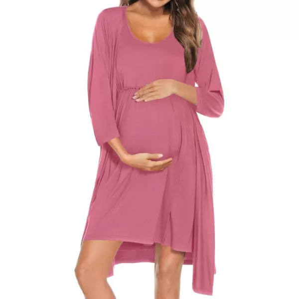 SWOMOG Nursing Robes Maternity Dress 2 Piece Nightgown for Breastfeeding 3in1 Hospital Labor Delivery Bathrobe Nursing DressCoral