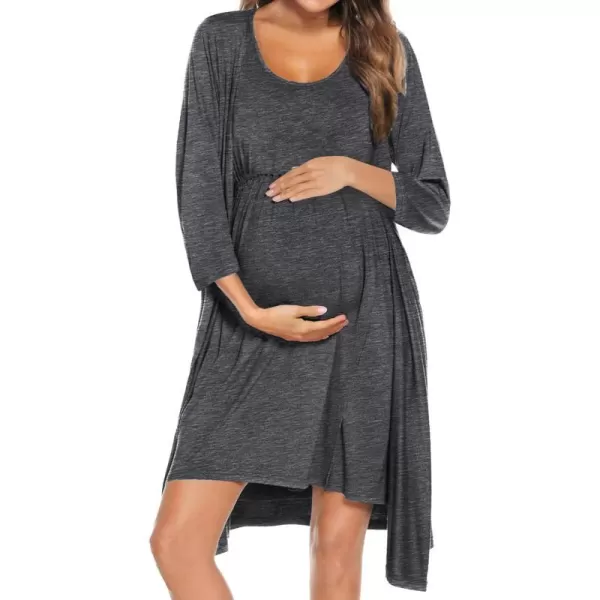 SWOMOG Nursing Robes Maternity Dress 2 Piece Nightgown for Breastfeeding 3in1 Hospital Labor Delivery Bathrobe Nursing DressDark Grey