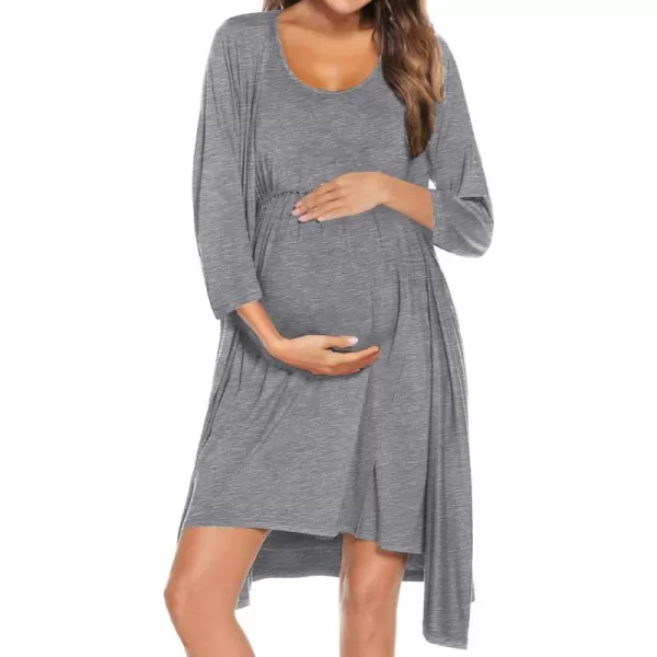 SWOMOG Nursing Robes Maternity Dress 2 Piece Nightgown for Breastfeeding 3in1 Hospital Labor Delivery Bathrobe Nursing DressGrey