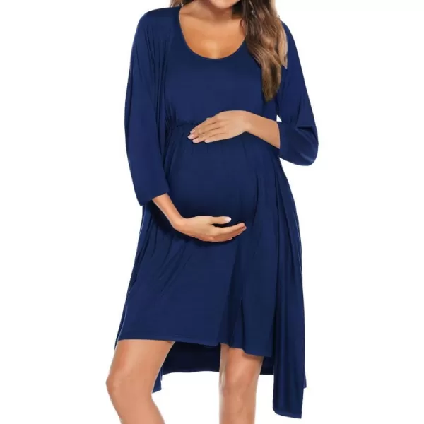 SWOMOG Nursing Robes Maternity Dress 2 Piece Nightgown for Breastfeeding 3in1 Hospital Labor Delivery Bathrobe Nursing DressNavy Blue