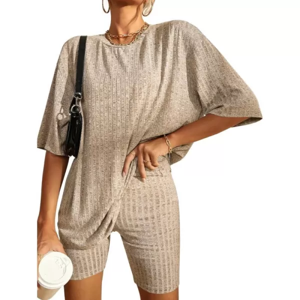 SWOMOG Pajamas 2 Piece Outfits for Women Ribbed Knit Tee amp Biker Shorts Set Drop Shoulder Lounge Sets Soft SleepwearKhaki