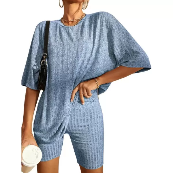 SWOMOG Pajamas 2 Piece Outfits for Women Ribbed Knit Tee amp Biker Shorts Set Drop Shoulder Lounge Sets Soft SleepwearLight Blue