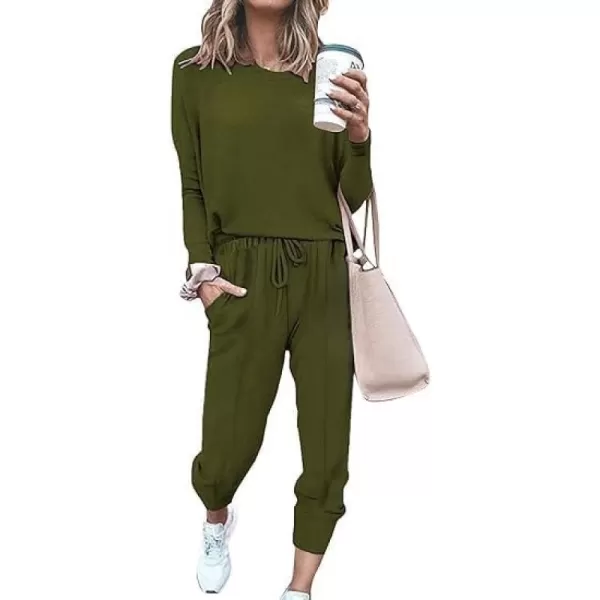 SWOMOG Pajamas for Women Long Sleeve Crop Top and Pants Lounge Set 2 Piece Outfits Soft Sleepwear and Loungewear PjsArmy Green