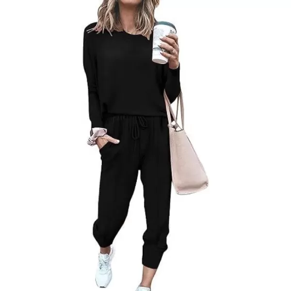 SWOMOG Pajamas for Women Long Sleeve Crop Top and Pants Lounge Set 2 Piece Outfits Soft Sleepwear and Loungewear PjsBlack