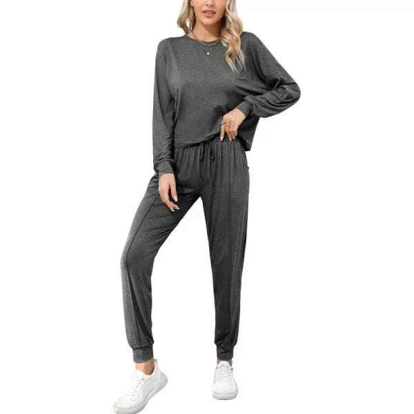 SWOMOG Pajamas for Women Long Sleeve Crop Top and Pants Lounge Set 2 Piece Outfits Soft Sleepwear and Loungewear PjsDark Grey