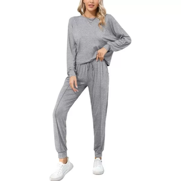 SWOMOG Pajamas for Women Long Sleeve Crop Top and Pants Lounge Set 2 Piece Outfits Soft Sleepwear and Loungewear PjsGrey