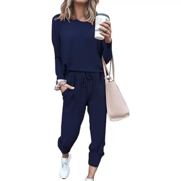 SWOMOG Pajamas for Women Long Sleeve Crop Top and Pants Lounge Set 2 Piece Outfits Soft Sleepwear and Loungewear PjsNavy Blue