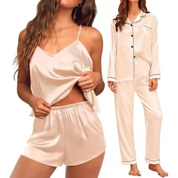 SWOMOG Pj Satin Long Sleeve Set 4pcs Womens Pajamas Silk Sleepwear Set Button Down Nightwear Sexy Cami Shorts Set LoungewearChampagnelong Sleeve