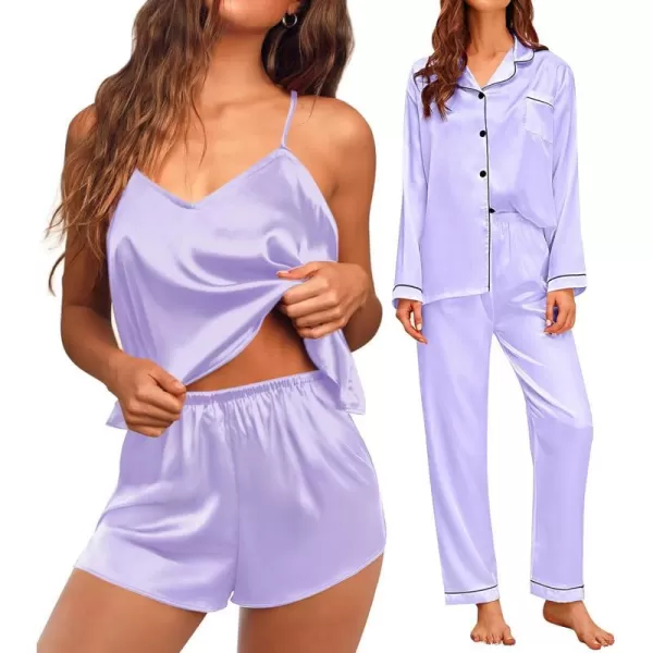 SWOMOG Pj Satin Long Sleeve Set 4pcs Womens Pajamas Silk Sleepwear Set Button Down Nightwear Sexy Cami Shorts Set LoungewearLavenderlong Sleeve