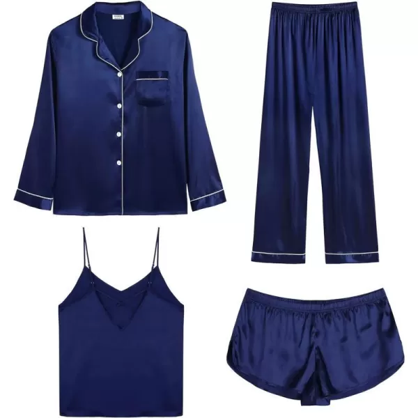 SWOMOG Pj Satin Long Sleeve Set 4pcs Womens Pajamas Silk Sleepwear Set Button Down Nightwear Sexy Cami Shorts Set LoungewearNavy Bluelong Sleeve