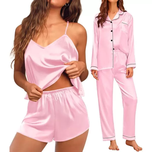 SWOMOG Pj Satin Long Sleeve Set 4pcs Womens Pajamas Silk Sleepwear Set Button Down Nightwear Sexy Cami Shorts Set LoungewearPinklong Sleeve