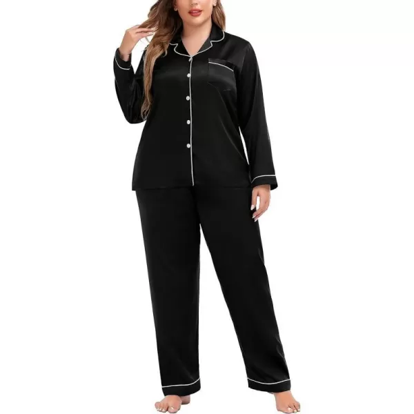 SWOMOG Plus Size Pajama Set for Women Silk Satin Pajamas Long Sleeve Sleepwear Button Down PJs Soft Pj Set with Chest PocketBlack