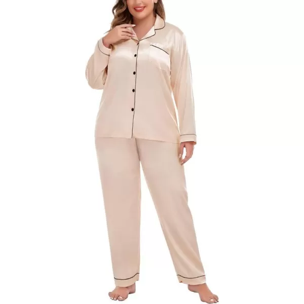 SWOMOG Plus Size Pajama Set for Women Silk Satin Pajamas Long Sleeve Sleepwear Button Down PJs Soft Pj Set with Chest PocketChampagne