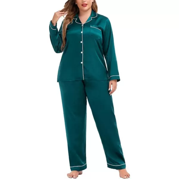 SWOMOG Plus Size Pajama Set for Women Silk Satin Pajamas Long Sleeve Sleepwear Button Down PJs Soft Pj Set with Chest PocketGreen