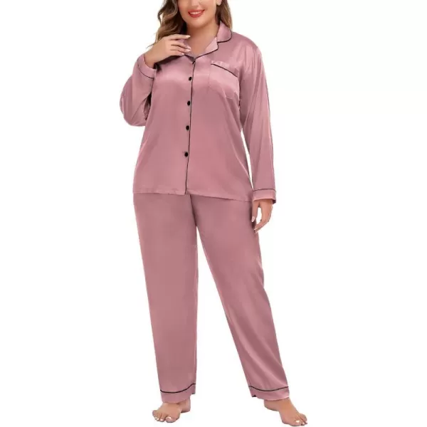 SWOMOG Plus Size Pajama Set for Women Silk Satin Pajamas Long Sleeve Sleepwear Button Down PJs Soft Pj Set with Chest PocketMisty Rose