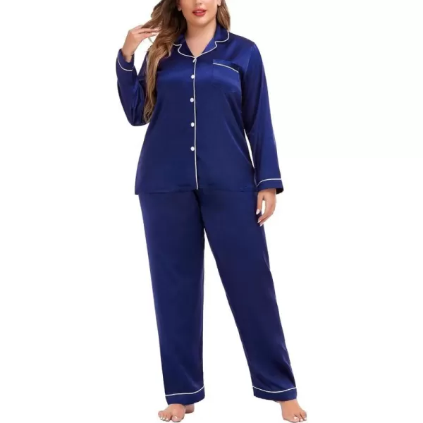 SWOMOG Plus Size Pajama Set for Women Silk Satin Pajamas Long Sleeve Sleepwear Button Down PJs Soft Pj Set with Chest PocketNavy Blue