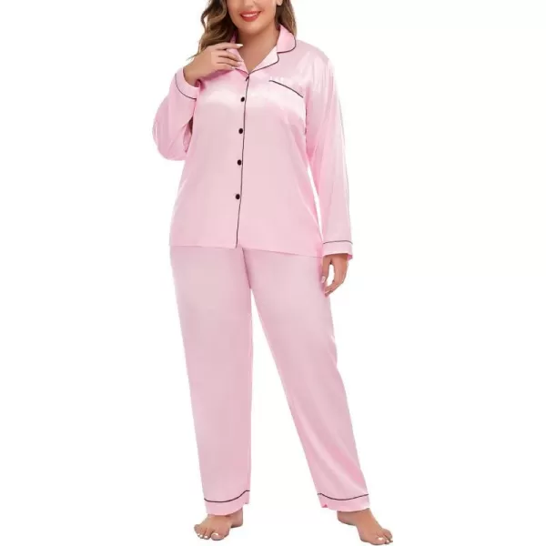 SWOMOG Plus Size Pajama Set for Women Silk Satin Pajamas Long Sleeve Sleepwear Button Down PJs Soft Pj Set with Chest PocketPink