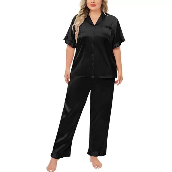 SWOMOG Plus Size Pajamas for Women Satin Silk Short Sleeve Ruffle Hem PJs Button Down Sleepwear with Long Pants 2Pcs PJ SetsBlack