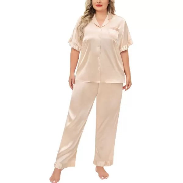 SWOMOG Plus Size Pajamas for Women Satin Silk Short Sleeve Ruffle Hem PJs Button Down Sleepwear with Long Pants 2Pcs PJ SetsChampagne