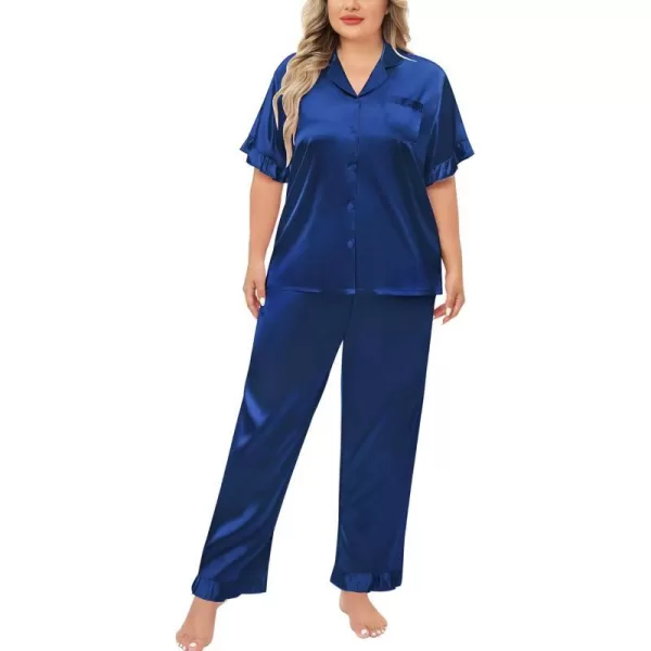 SWOMOG Plus Size Pajamas for Women Satin Silk Short Sleeve Ruffle Hem PJs Button Down Sleepwear with Long Pants 2Pcs PJ SetsNavy Blue