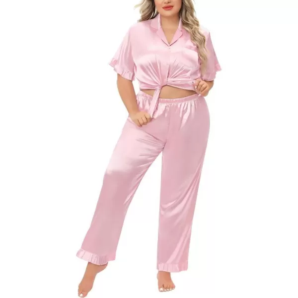 SWOMOG Plus Size Pajamas for Women Satin Silk Short Sleeve Ruffle Hem PJs Button Down Sleepwear with Long Pants 2Pcs PJ SetsPink