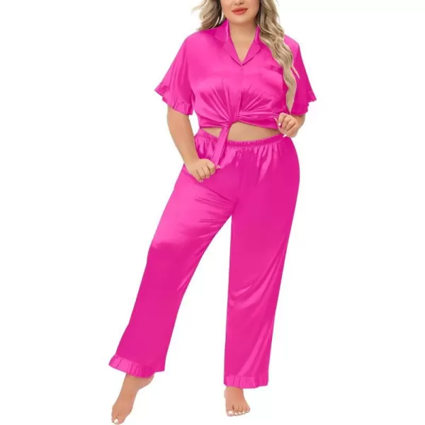 SWOMOG Plus Size Pajamas for Women Satin Silk Short Sleeve Ruffle Hem PJs Button Down Sleepwear with Long Pants 2Pcs PJ SetsRose Red