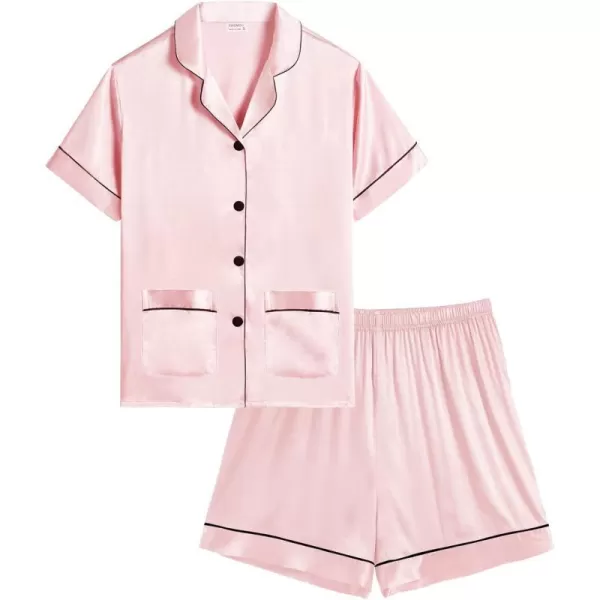 SWOMOG Satin Kid Pajamas for Girls Silk Pjs Set with 2 Pockets Boys Sleepwear Buttonup Lounge Sets Short Sleeve NightwearA Sakura Pink