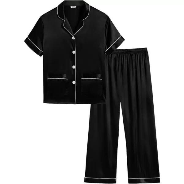 SWOMOG Satin Kid Pajamas for Girls Silk Pjs Set with 2 Pockets Boys Sleepwear Buttonup Lounge Sets Short Sleeve NightwearBlacklong Pant