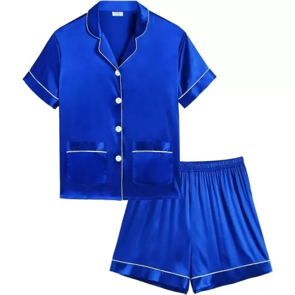 SWOMOG Satin Kid Pajamas for Girls Silk Pjs Set with 2 Pockets Boys Sleepwear Buttonup Lounge Sets Short Sleeve NightwearBlue