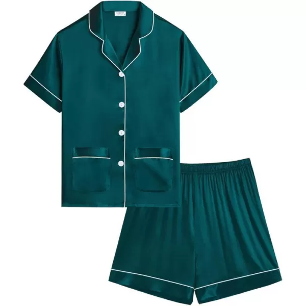 SWOMOG Satin Kid Pajamas for Girls Silk Pjs Set with 2 Pockets Boys Sleepwear Buttonup Lounge Sets Short Sleeve NightwearDeep Green