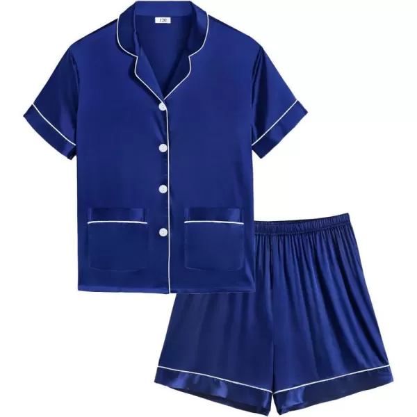 SWOMOG Satin Kid Pajamas for Girls Silk Pjs Set with 2 Pockets Boys Sleepwear Buttonup Lounge Sets Short Sleeve NightwearDeep Navy Blue