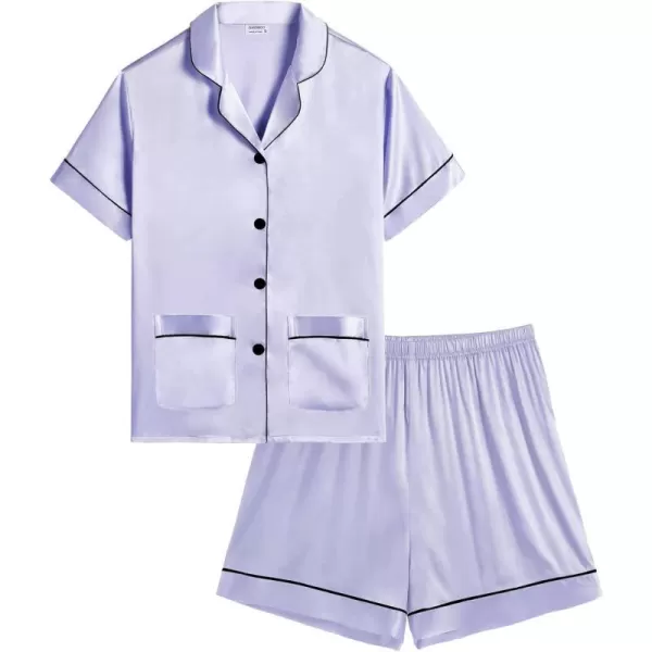 SWOMOG Satin Kid Pajamas for Girls Silk Pjs Set with 2 Pockets Boys Sleepwear Buttonup Lounge Sets Short Sleeve NightwearLavender