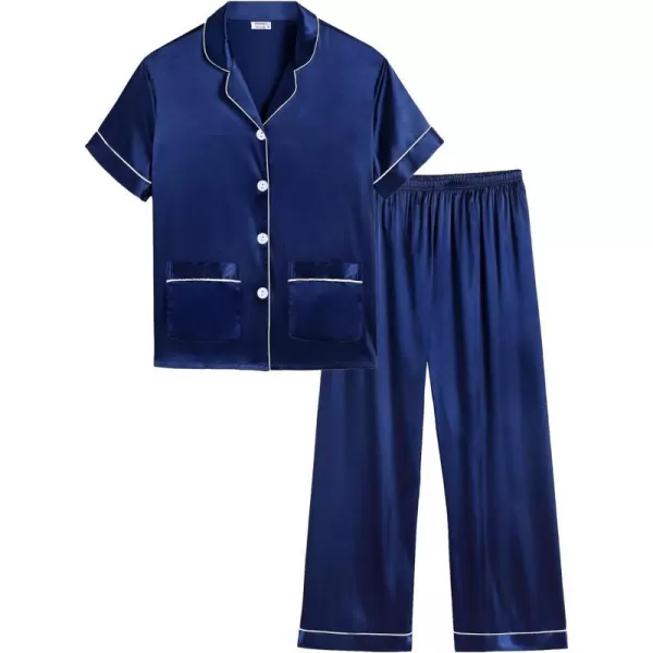 SWOMOG Satin Kid Pajamas for Girls Silk Pjs Set with 2 Pockets Boys Sleepwear Buttonup Lounge Sets Short Sleeve NightwearNavy Bluelong Pant