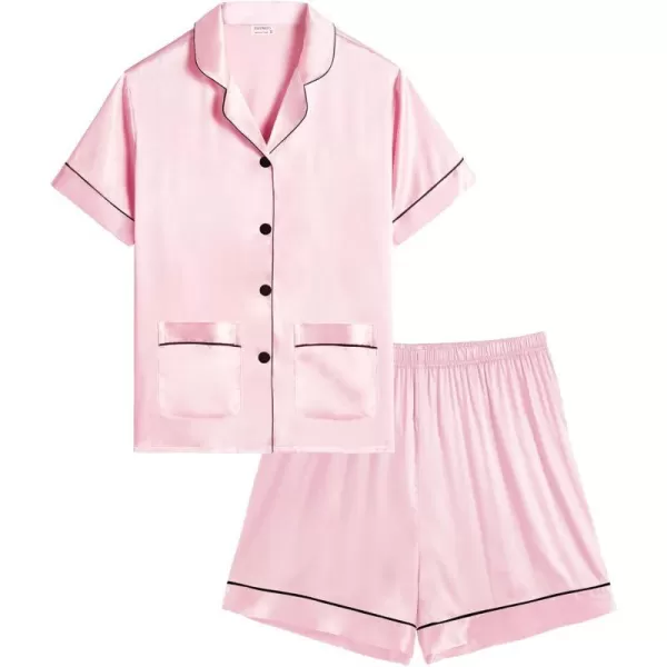 SWOMOG Satin Kid Pajamas for Girls Silk Pjs Set with 2 Pockets Boys Sleepwear Buttonup Lounge Sets Short Sleeve NightwearPink