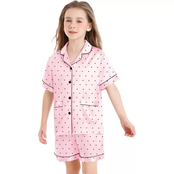 SWOMOG Satin Kid Pajamas for Girls Silk Pjs Set with 2 Pockets Boys Sleepwear Buttonup Lounge Sets Short Sleeve NightwearPink Point