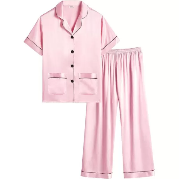 SWOMOG Satin Kid Pajamas for Girls Silk Pjs Set with 2 Pockets Boys Sleepwear Buttonup Lounge Sets Short Sleeve NightwearPinklong Pant