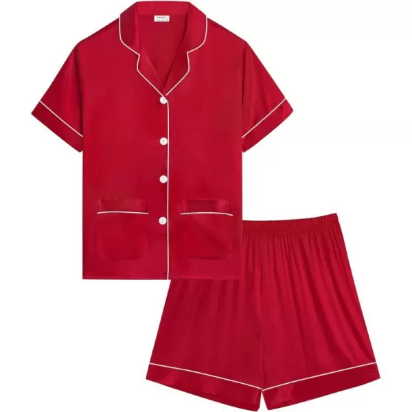 SWOMOG Satin Kid Pajamas for Girls Silk Pjs Set with 2 Pockets Boys Sleepwear Buttonup Lounge Sets Short Sleeve NightwearRed