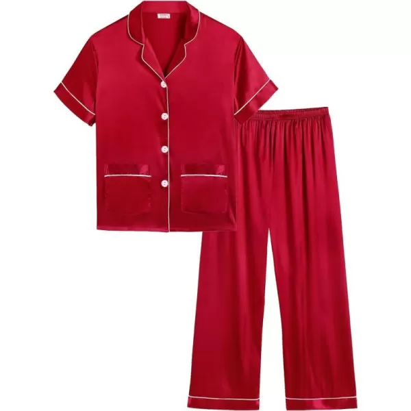 SWOMOG Satin Kid Pajamas for Girls Silk Pjs Set with 2 Pockets Boys Sleepwear Buttonup Lounge Sets Short Sleeve NightwearRedlong Pant