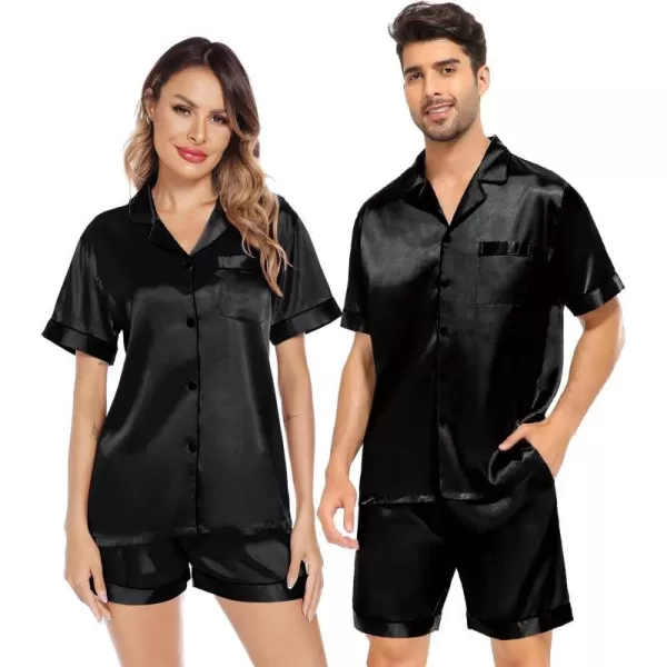 SWOMOG Satin Matching Pajamas Sets Couple Silk Button Down Nightwear Short Sleeve Sleepwear 2 Pieces Loungewear with ShortsBlack Blackwomen No Pocket