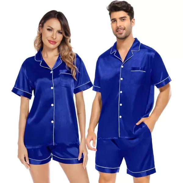 SWOMOG Satin Matching Pajamas Sets Couple Silk Button Down Nightwear Short Sleeve Sleepwear 2 Pieces Loungewear with ShortsBluewomen No Pocket