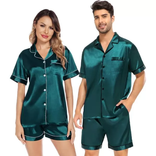 SWOMOG Satin Matching Pajamas Sets Couple Silk Button Down Nightwear Short Sleeve Sleepwear 2 Pieces Loungewear with ShortsDark Greenwomen No Pocket