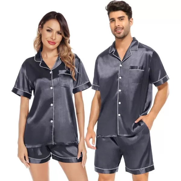 SWOMOG Satin Matching Pajamas Sets Couple Silk Button Down Nightwear Short Sleeve Sleepwear 2 Pieces Loungewear with ShortsDim Graywomen No Pocket