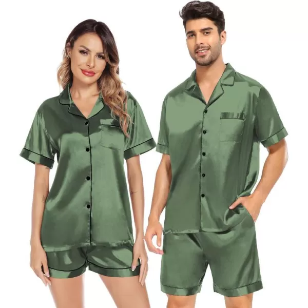 SWOMOG Satin Matching Pajamas Sets Couple Silk Button Down Nightwear Short Sleeve Sleepwear 2 Pieces Loungewear with ShortsMatchamen