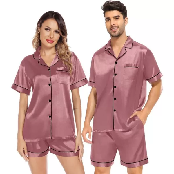 SWOMOG Satin Matching Pajamas Sets Couple Silk Button Down Nightwear Short Sleeve Sleepwear 2 Pieces Loungewear with ShortsMisty Rosemen