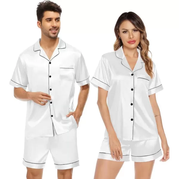 SWOMOG Satin Matching Pajamas Sets Couple Silk Button Down Nightwear Short Sleeve Sleepwear 2 Pieces Loungewear with ShortsWhitemen